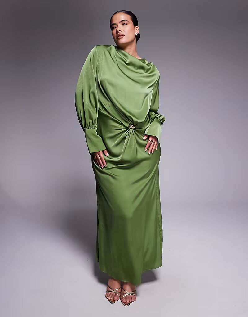 

Платье макси Curve Twisted Front A-Line из атласа с золотой фурнитурой оливково-зеленого цвета Asos Curve