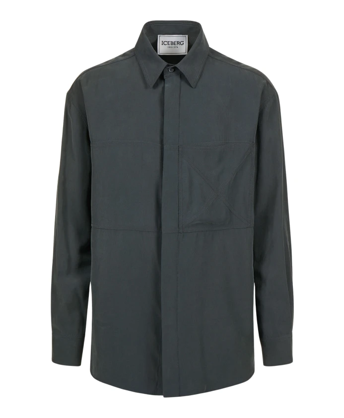 

Темно-Серая рубашка свободного кроя из струящейся саржи с тональными швами и металлизированными деталями. Iceberg, серый