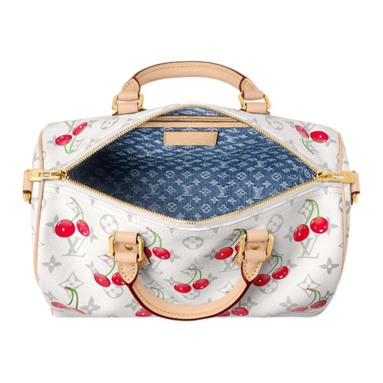LOUIS VUITTON Сумка-шоппер Takashi Murakami Cherry Speedy Soft Bandouliere 30 белая с монограммой — фото 4