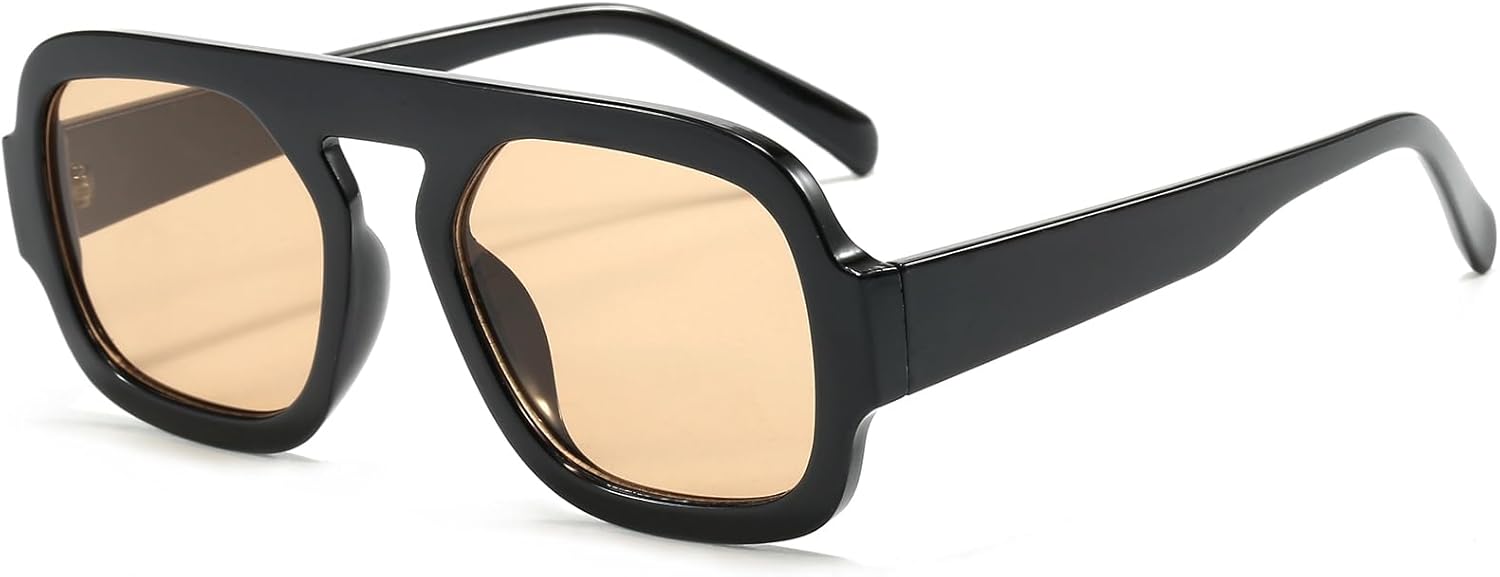 

Солнцезащитные очки Long Keeper Retro Square Pilot для женщин и мужчин, авиационные квадратные солнцезащитные очки с плоской верхней частью, прямоугольные, винтажные, в стиле 70-х, Black Frame - Light Brown Lens