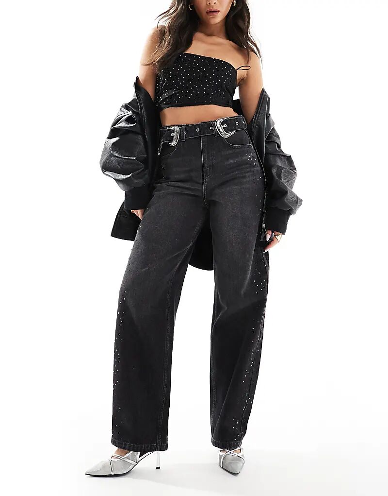 

Джинсы Diamante Western Wide Leg в выстиранном черном цвете Bershka