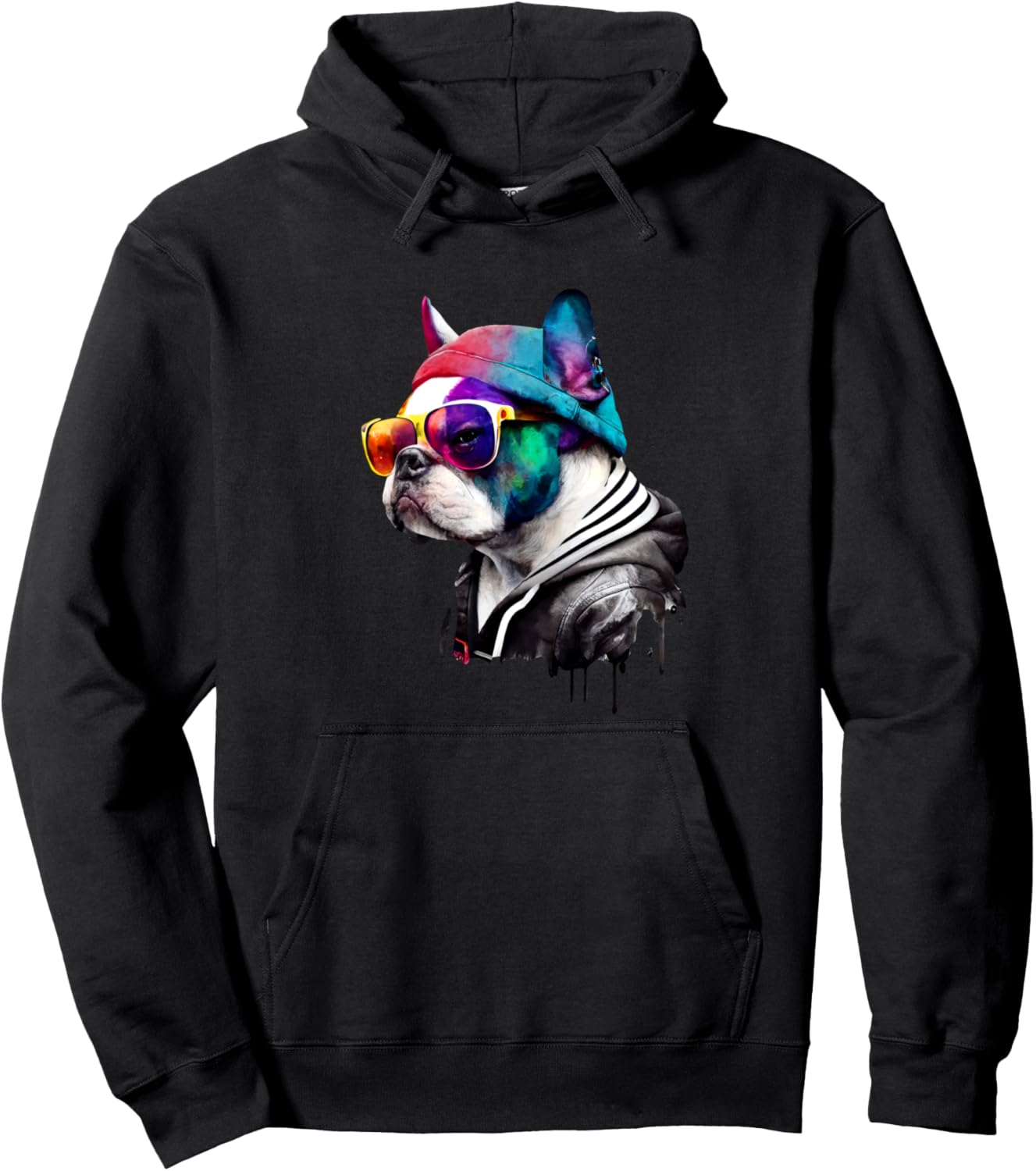 

Яркая толстовка с изображением французского бульдога в очках Colorful Funky French Bulldog Swag Style, черный