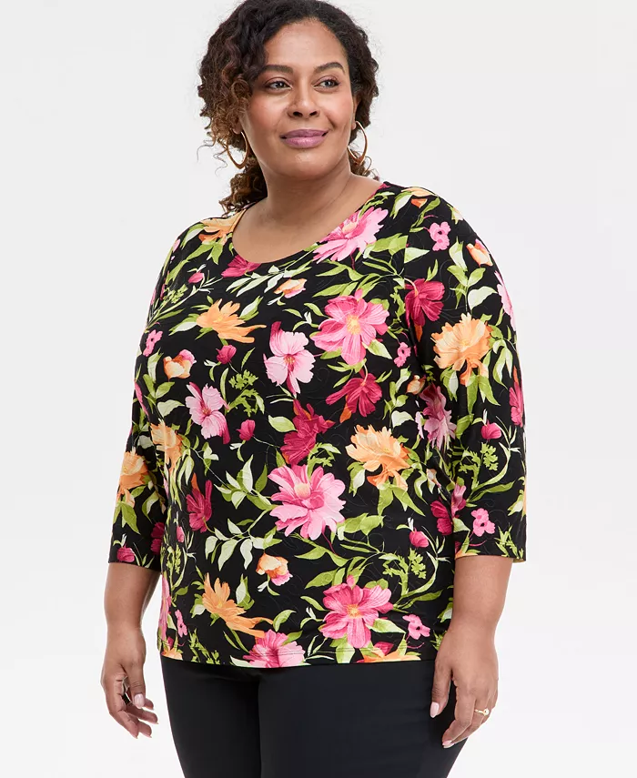 

Топ с принтом и рукавом 3/4, Plus Size JM Collection, черный