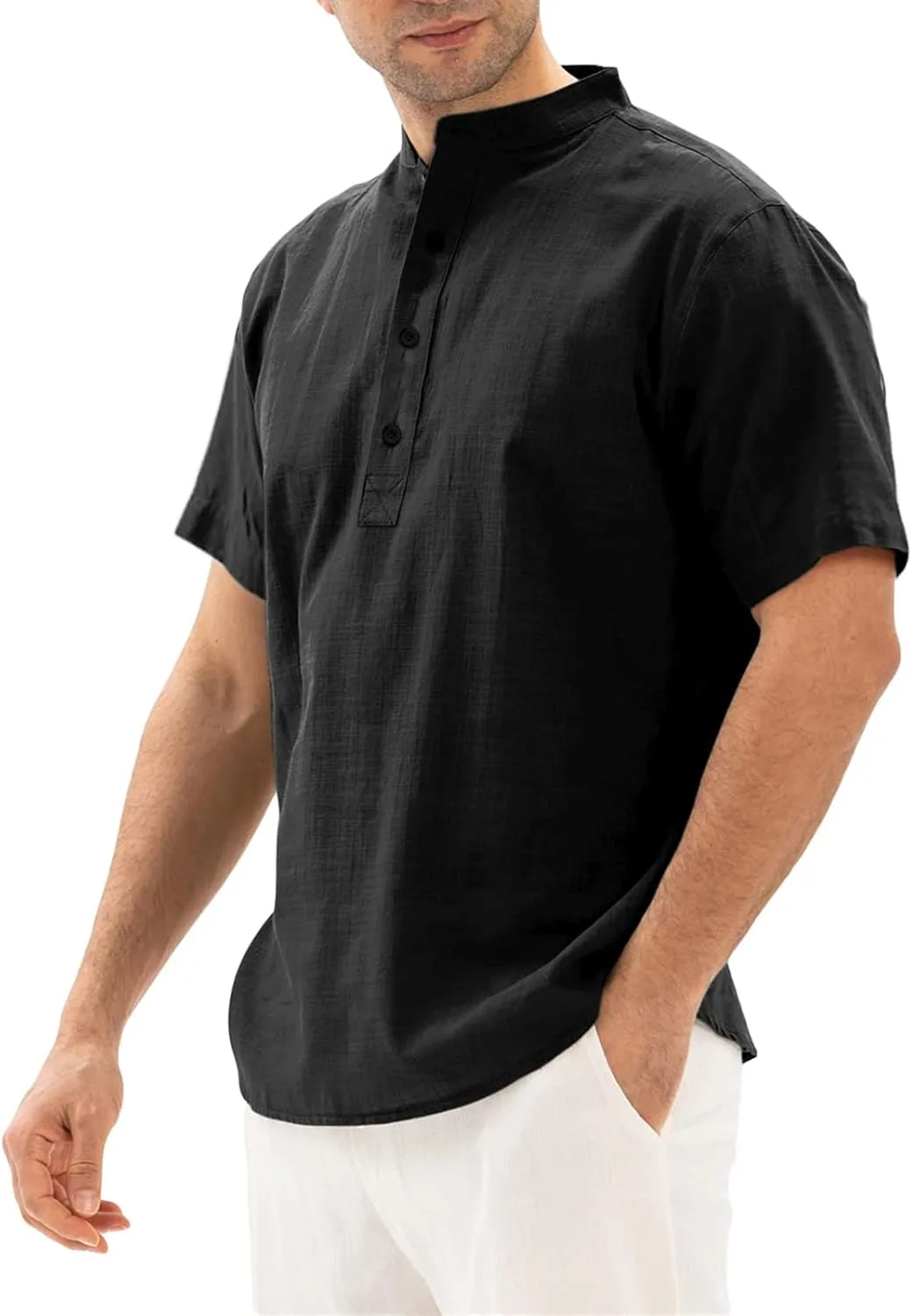 

Мужская рубашка с воротником стойкой и коротким рукавом из мягкого дышащего хлопка