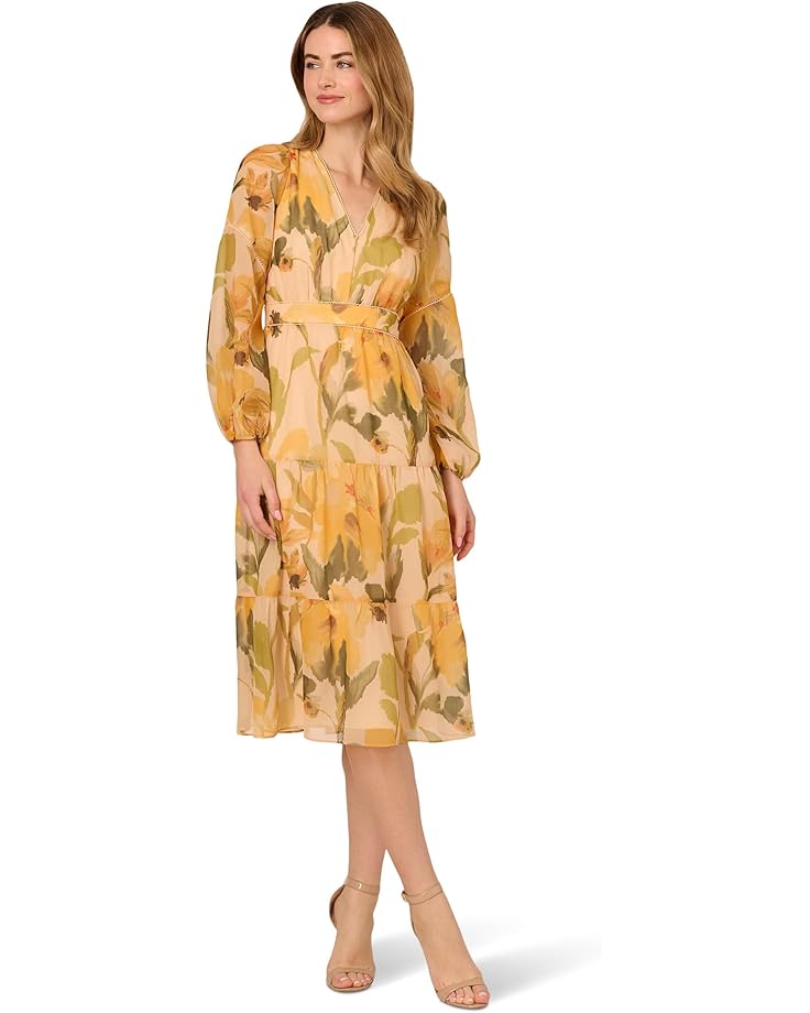 

Платье Adrianna Papell Floral Organza Midi Dress, цвет Ecru/Yellow Multi