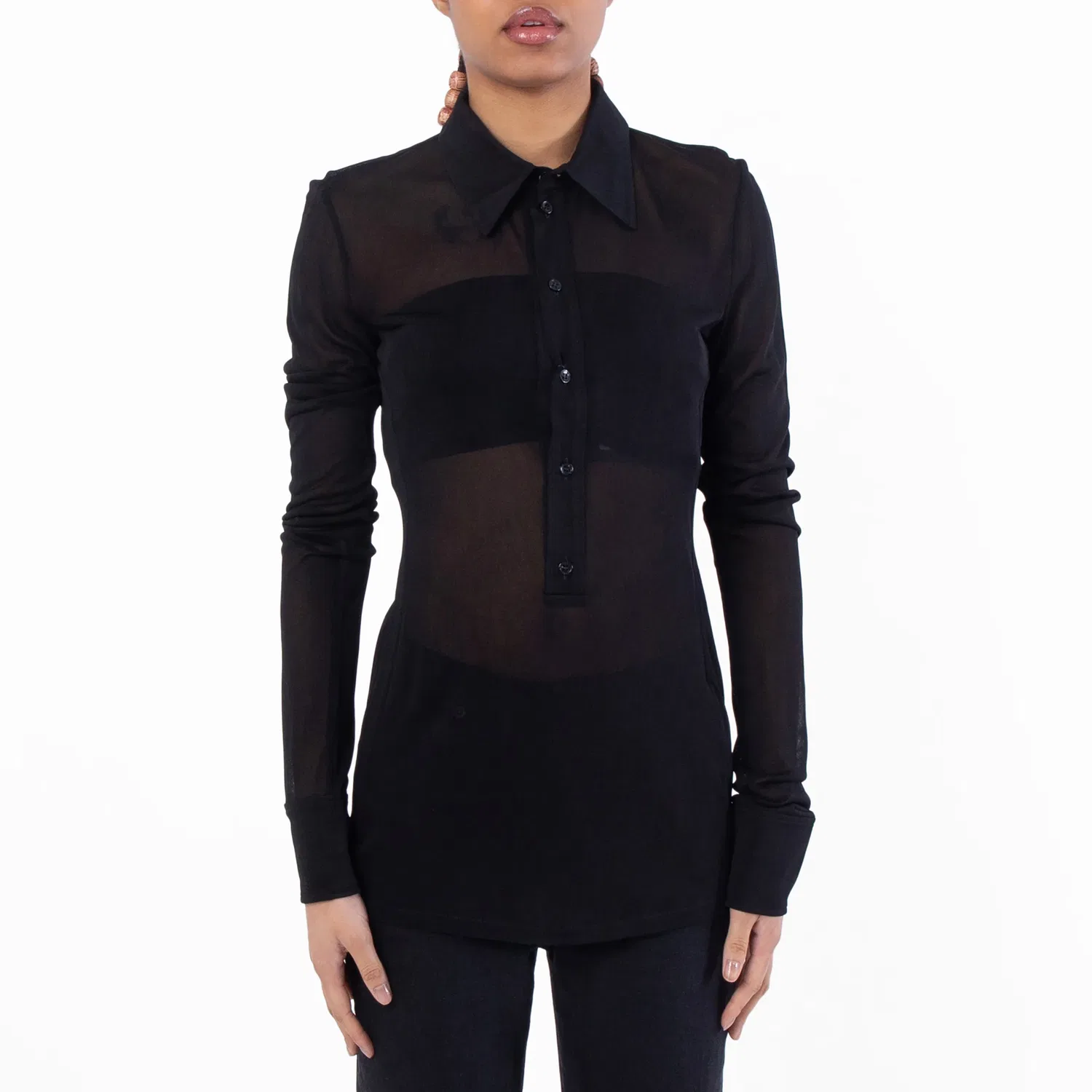Женская рубашка Saint Laurent с прозрачным воротником и длинными рукавами, Black