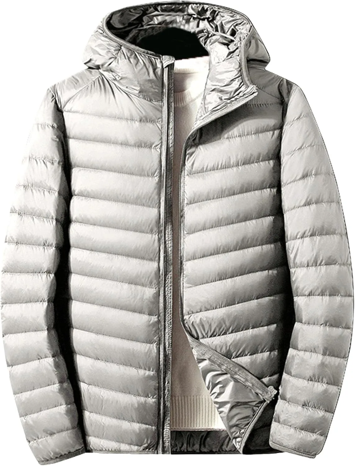 Мужская легкая утепленная куртка с капюшоном Windproof Insulated Warm Outdoors Puffer Full Zip Water-Resistant Quilted Lined Generic, серый