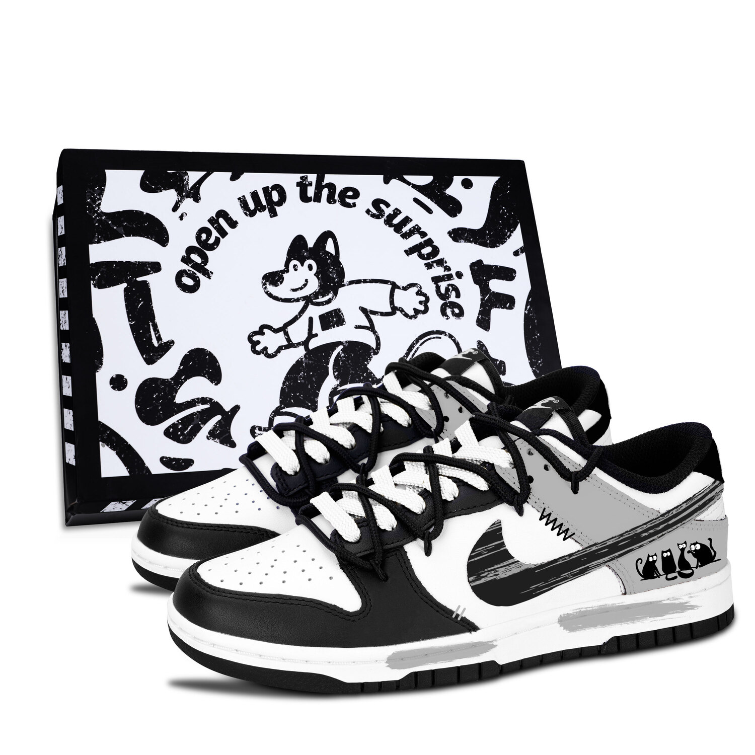

Nike Dunk Black White, Cats' Ink Fun - износостойкие низкие скейтбордные кроссовки унисекс серого цвета
