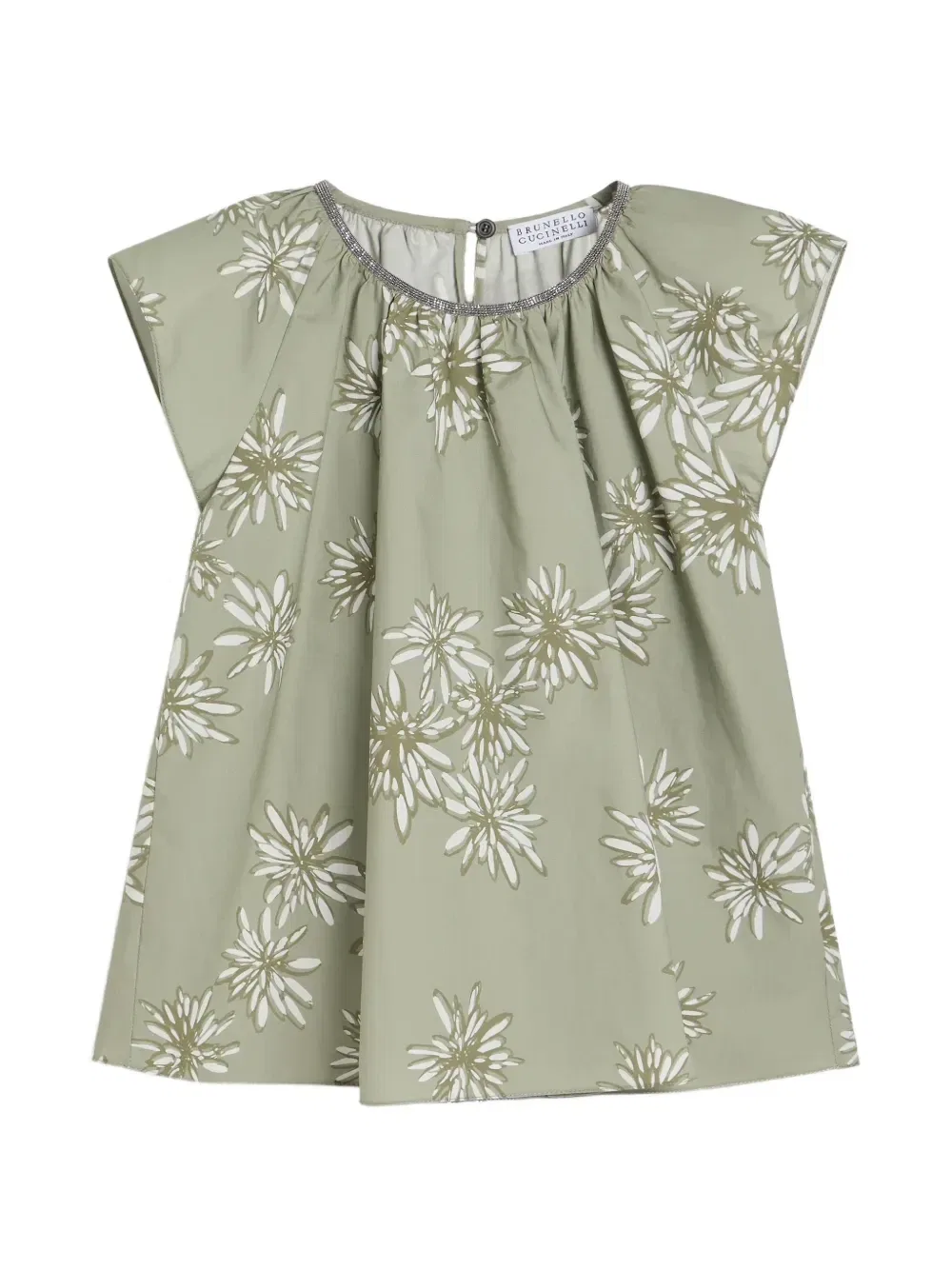 Поплиновый топ с декором Monili Brunello Cucinelli Kids, зеленый