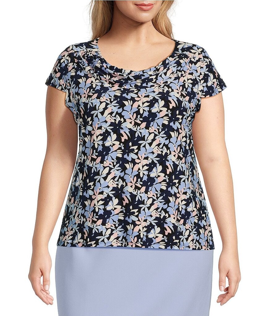 

Kasper Plus Size Тканая блузка с цветочным принтом и воротником-хомутом и рукавами-хомутом, цветочный