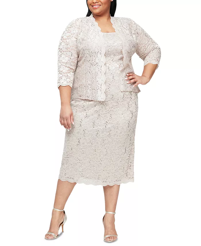 

Комплект из кружевного жакета и платья-футляра Plus Size 2-Pc. Lace Jacket & Sheath Dress Set SL Fashions, слоновая кость/кремовый