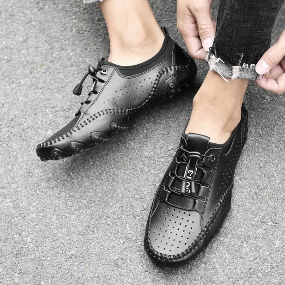 Мужские лоферы из кожи, Asifn, Hollow Leather Driving Loafers, черный — фото 2