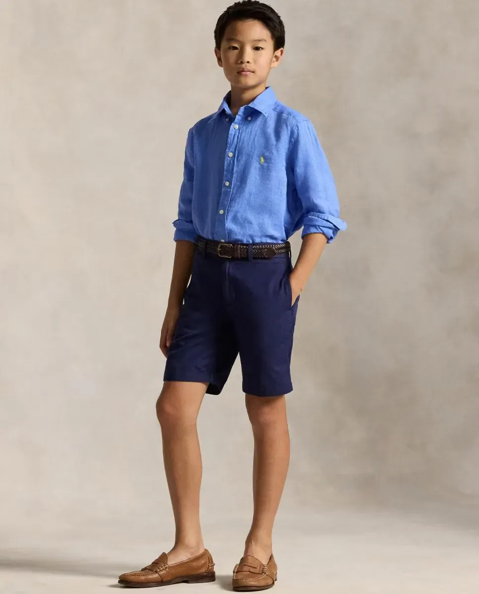 Детская льняная рубашка с лошадью Polo Ralph Lauren, синий — фото 2