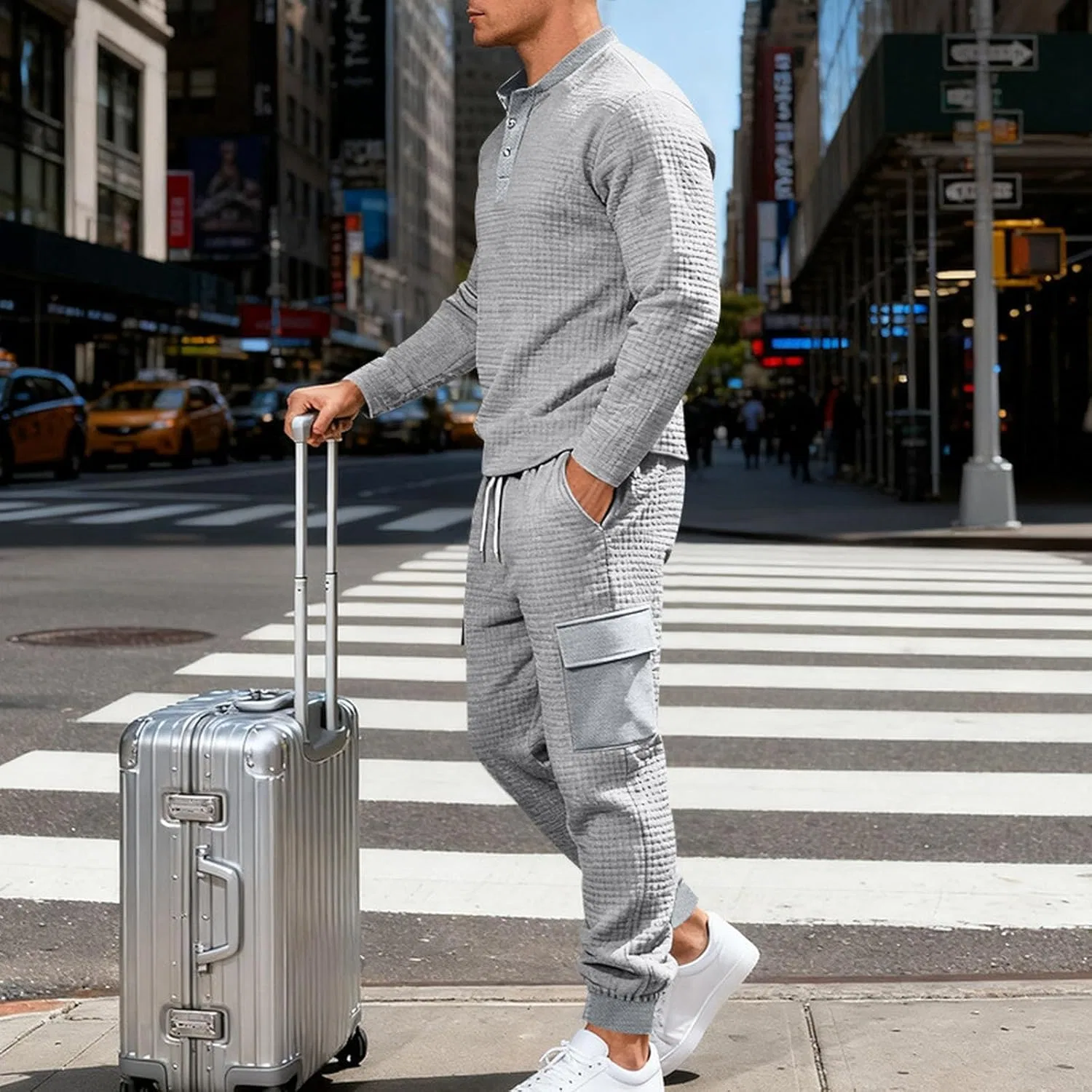 Джоггер-костюм для мужчин Waffle Casual Workwear комплект свитшот с пуговицами Henley и карго-штаны Generic, 41 — фото 3