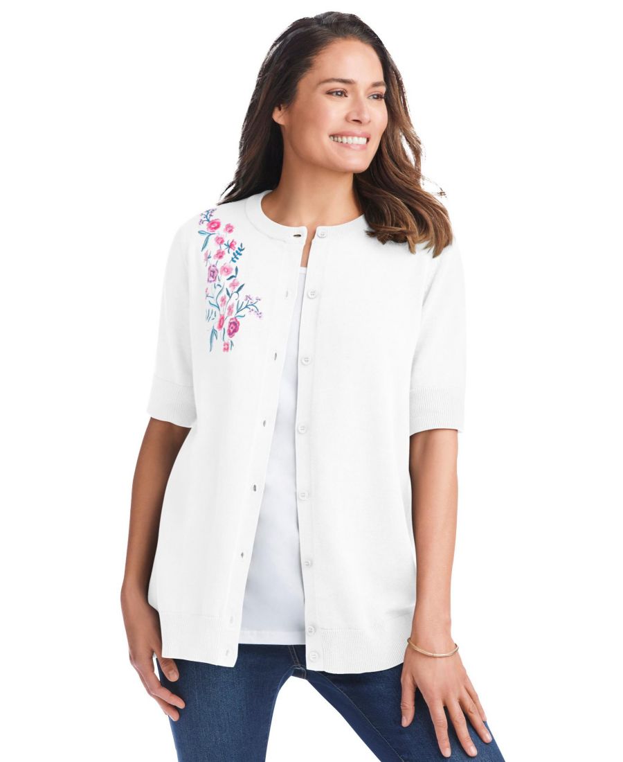 

Женский кардиган Within Perfect с рукавами до локтя Woman Within, White flower embroidery