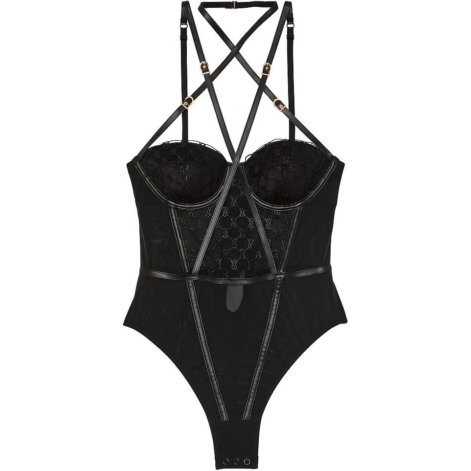

Victoria's Secret Очень сексуальный топ-боди с вышитым логотипом VS, балконет и отделкой из искусственной кожи, женский, черный