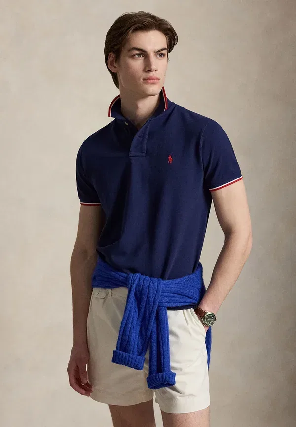 Повседневная приталенная сетчатая рубашка-поло Polo Ralph Lauren, цвет ньюпорт-нави/красный