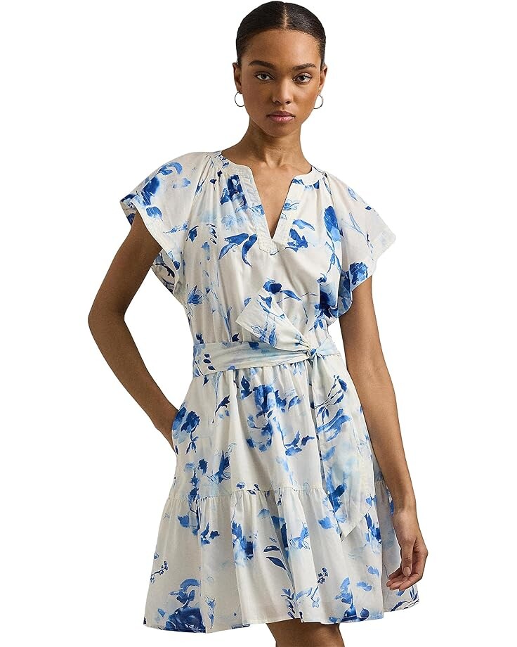 

Платье Lauren Ralph Lauren Floral Belted Cotton Voile Dress, цвет White/Blue