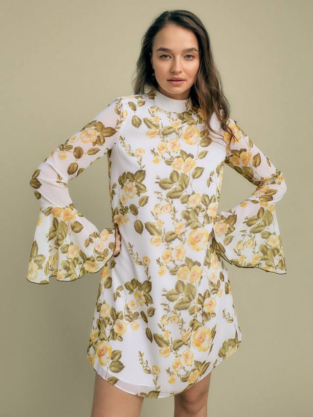 

Мини-платье с высоким воротником, рукавами с рифлеными манжетами и принтом пионов FLORERE, Multi