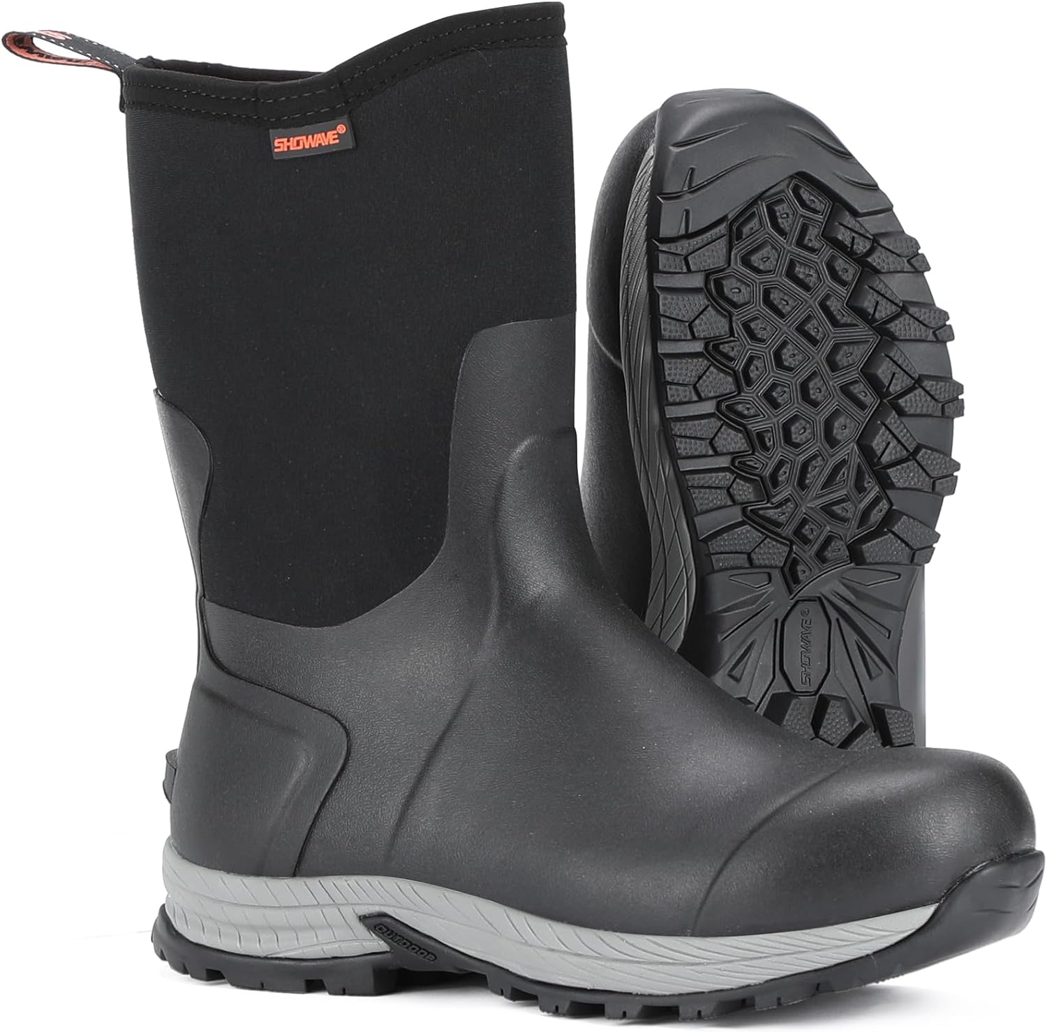 

Мужские резиновые сапоги Showave Excursion, высокие водонепроницаемые утепленные сапоги для грязи, наружная обувь для походов, садоводства, сельского хозяйства, охоты и рыбалки, черный