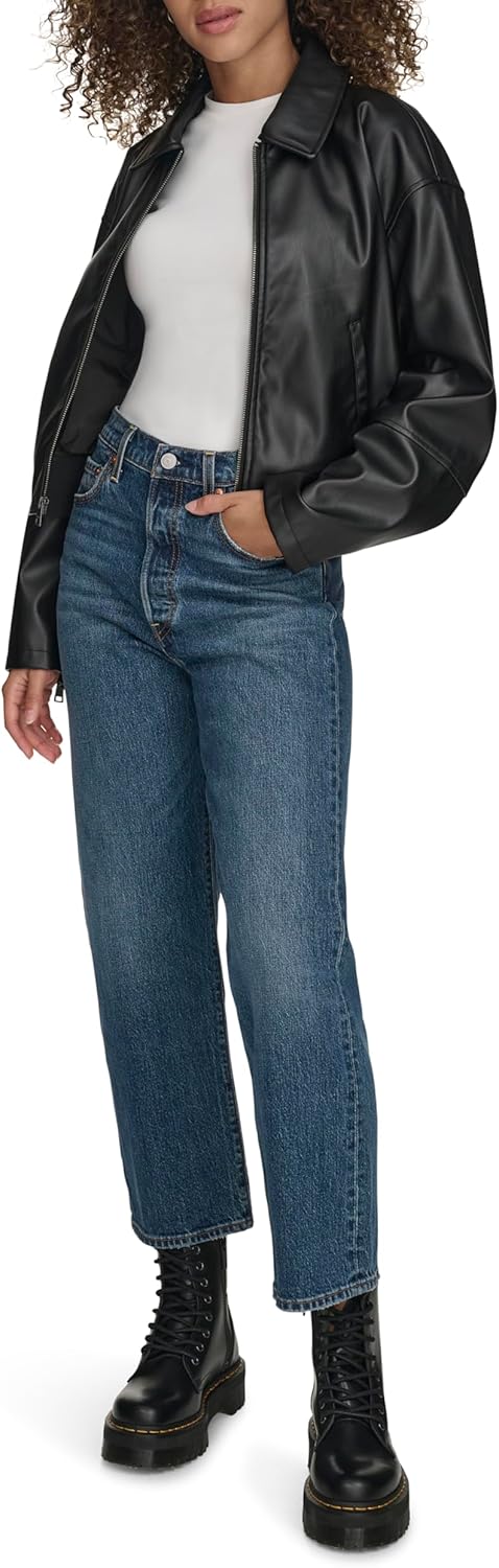 Женская куртка-бомбер Levi's из искусственной кожи с отложным воротником, черный — фото 2