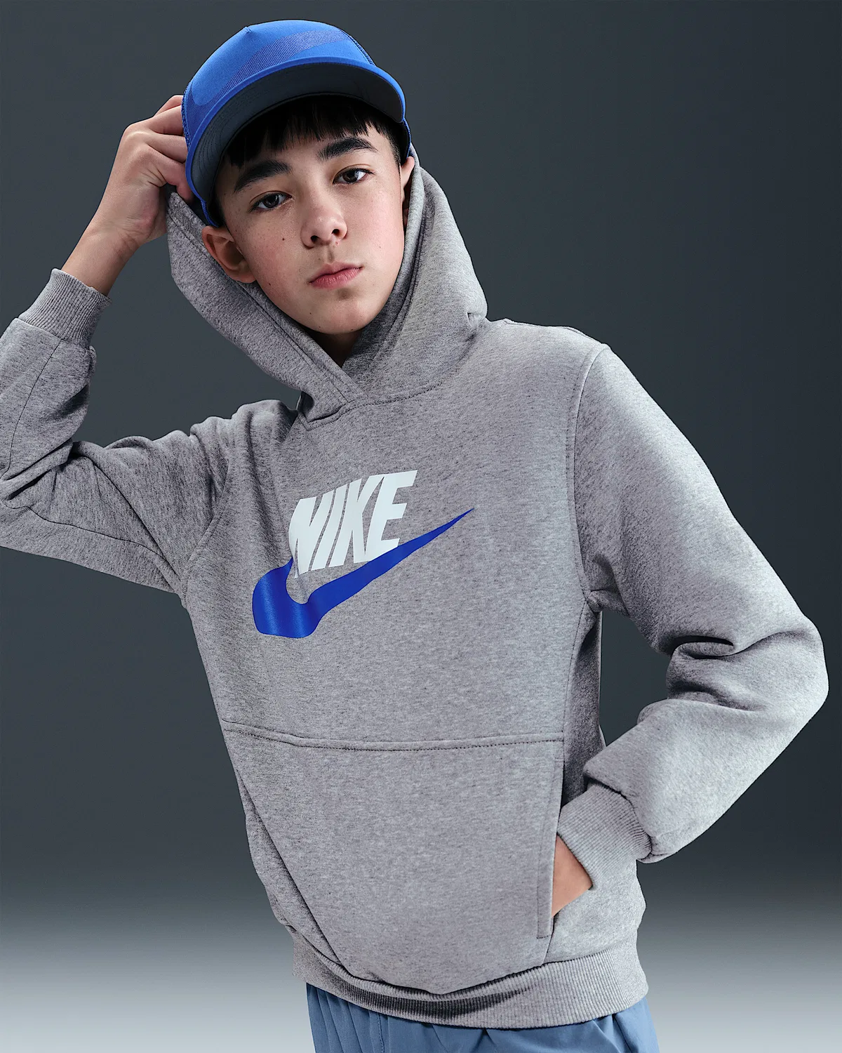Детская худи Nike Sportswear Club Fleece, Dark Grey Heather/Game Royal — фото 3