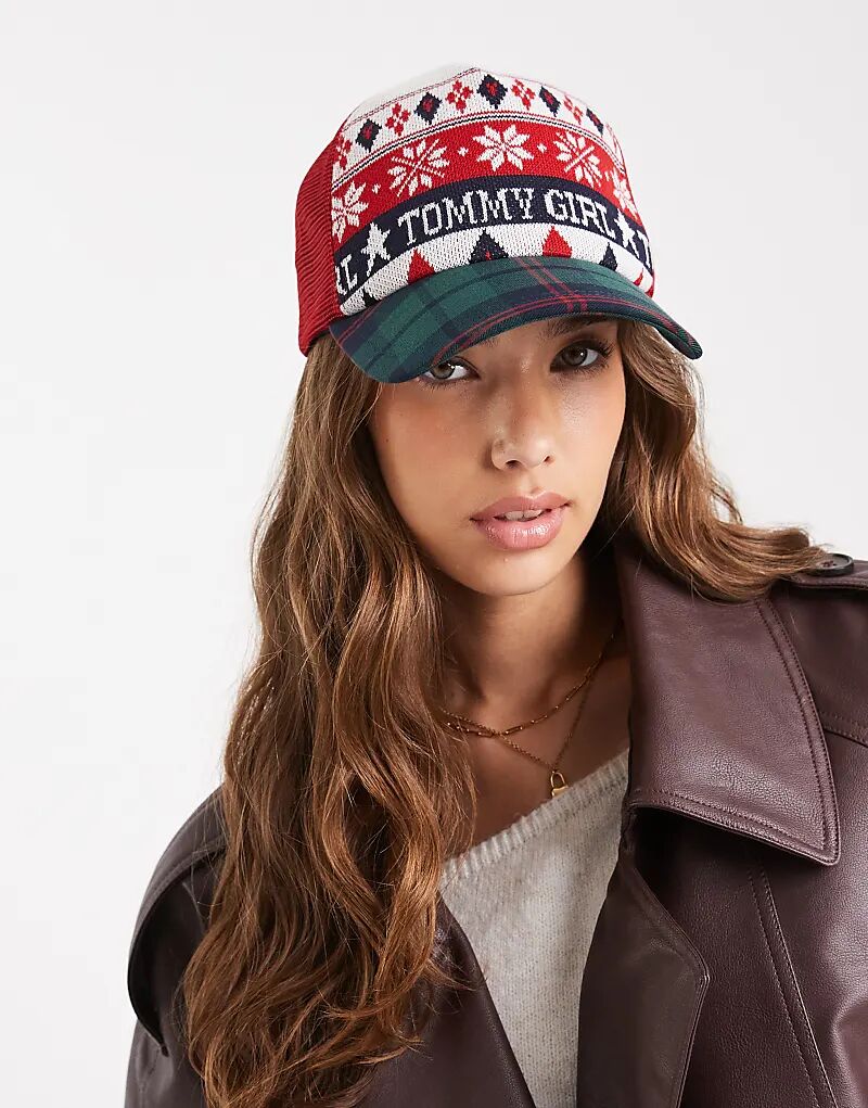 

Кепка дальнобойщика Tommy Jeans Tommy Girl с узором «фэр-айл» и «тартан» красного цвета