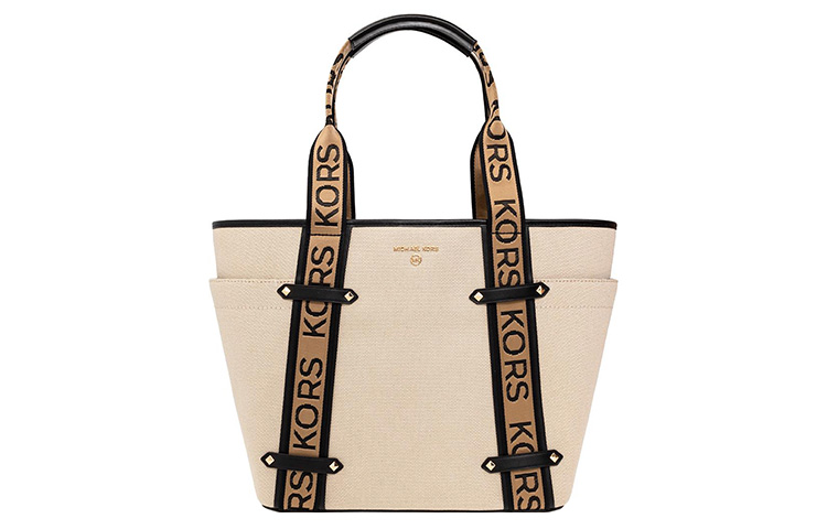 

MICHAEL KORS Полиэстеровая с хлопком сумка-шоппер через плечо женская классическая бежево-черная