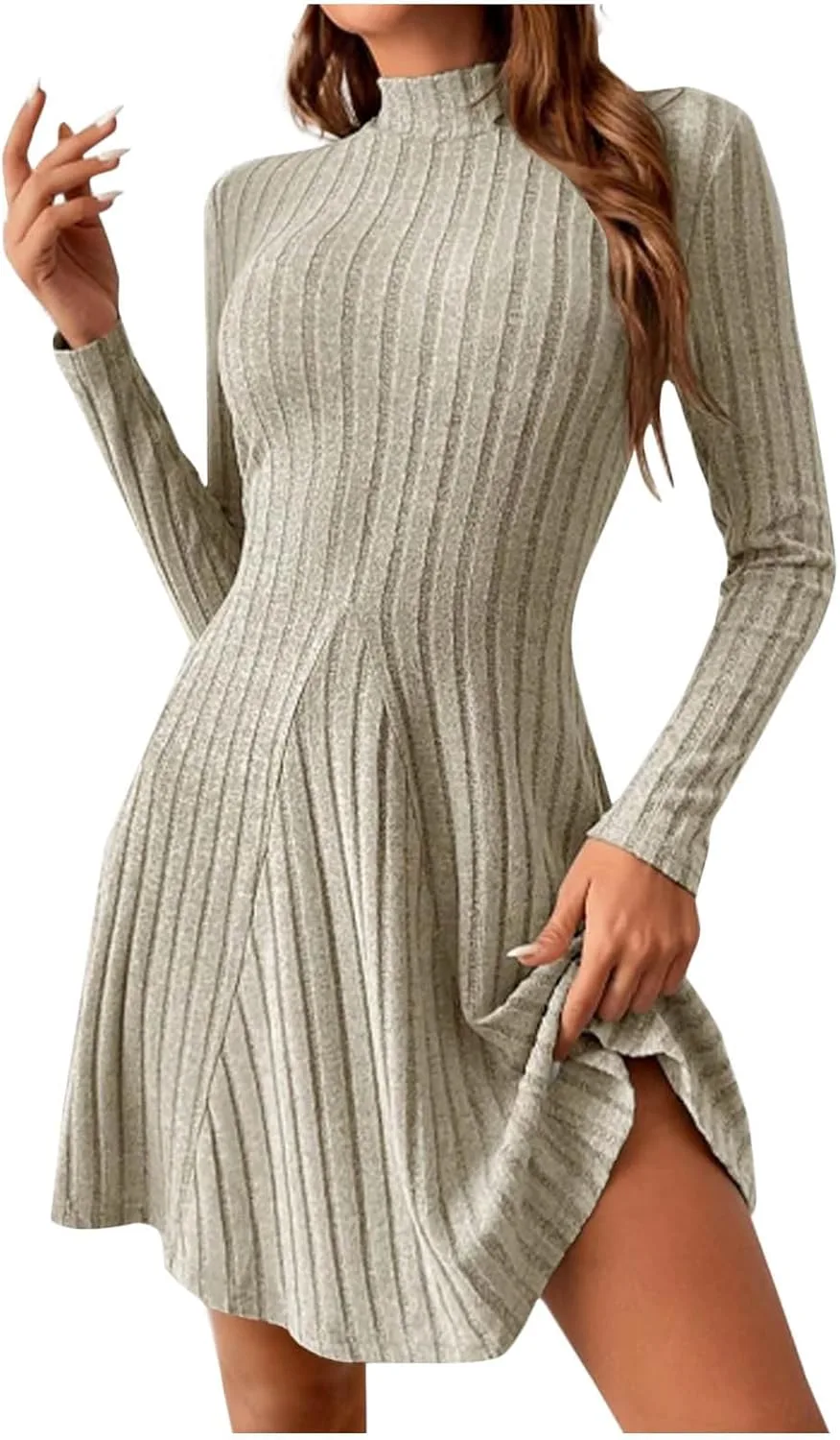 Женское вязаное платье-мини фасона bodycon с длинным рукавом и воротником-стойкой, эластичное, мягкое, струящееся, элегантное, повседневное Generic, хаки — фото 2