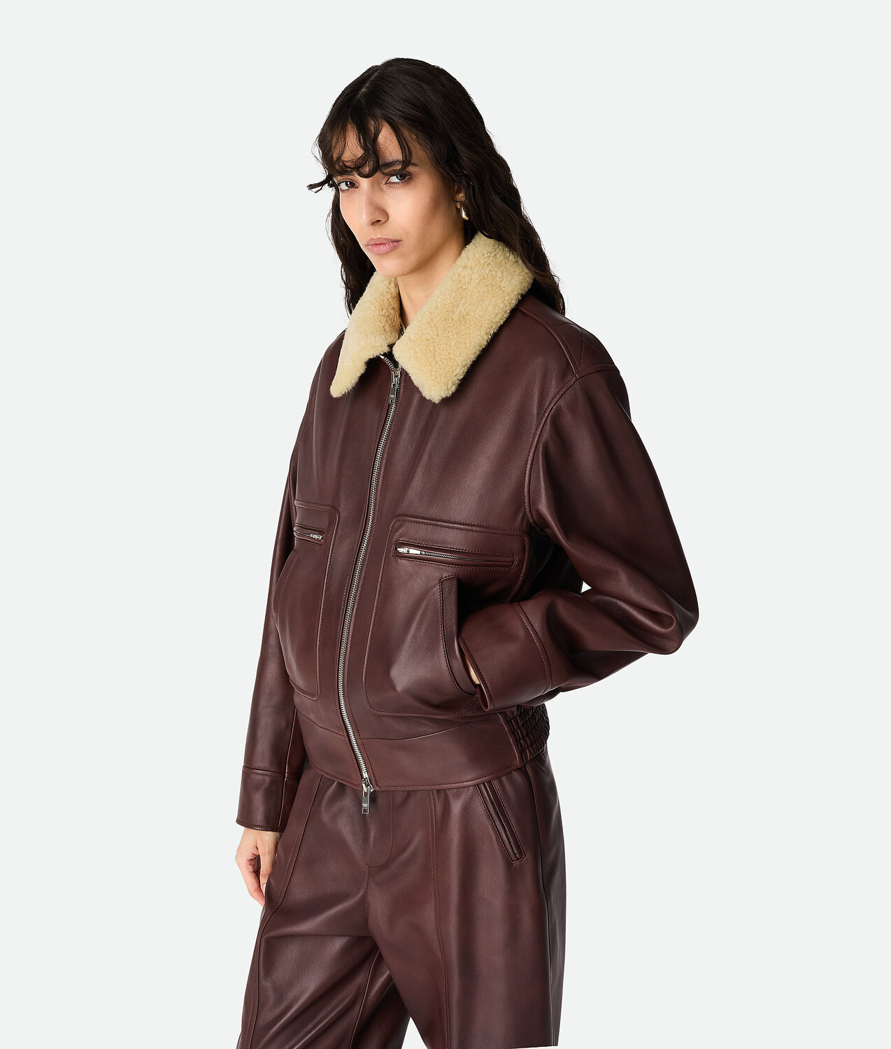 Padded leather blouson BOTTEGA VENETA, коричнево-красный — фото 2