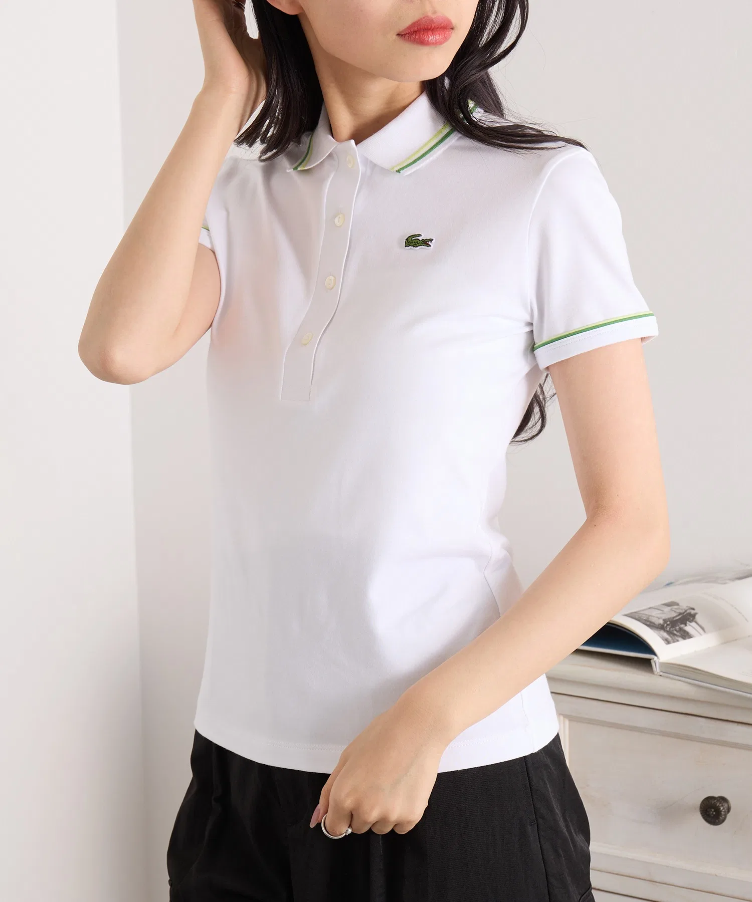 Поло Lacoste DF5284, с двойным логотипом, однотонное, женское — фото 4