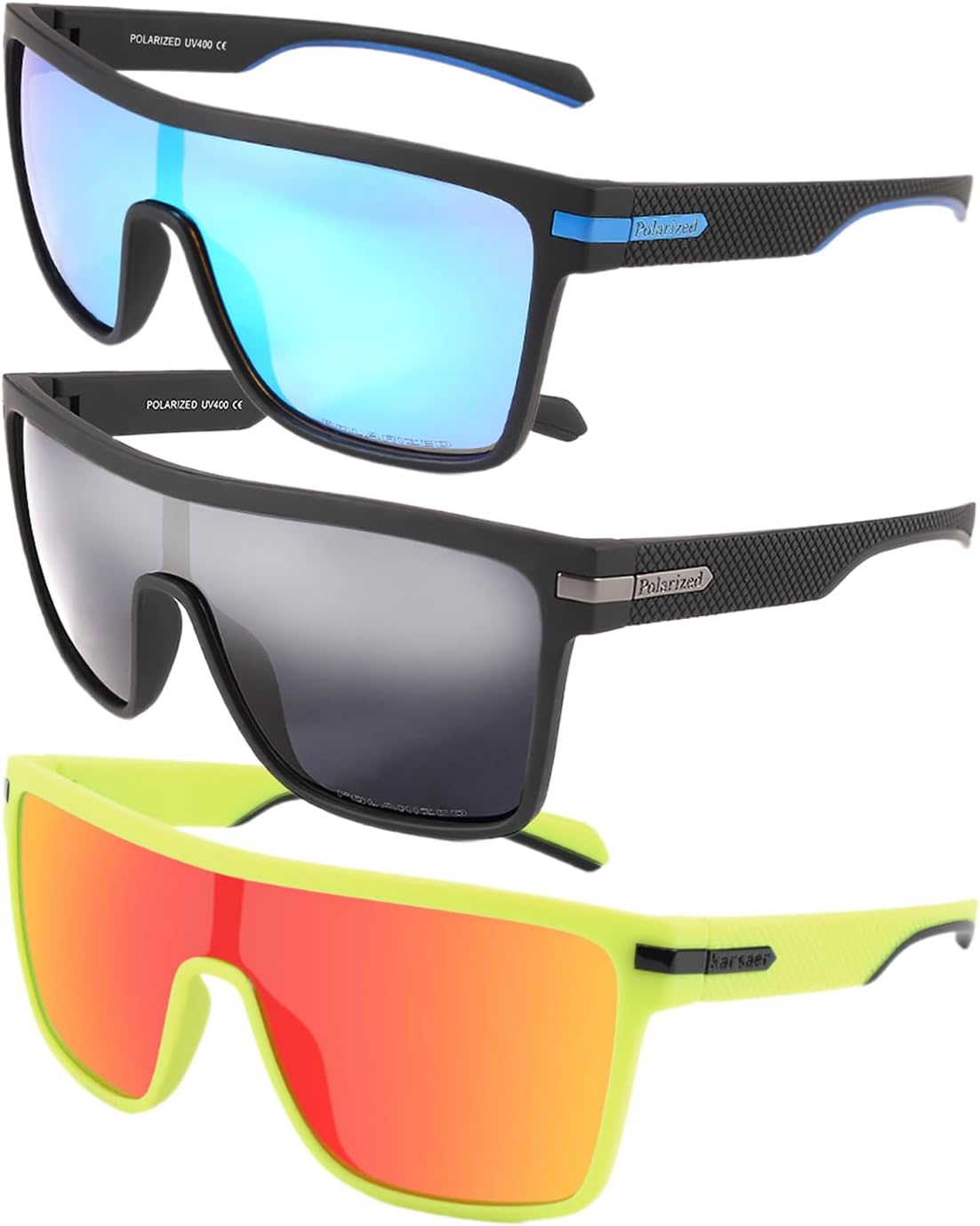 

Мужские поляризованные спортивные солнцезащитные очки Karsaer Flat Top TR90 в винтажном квадратном стиле для велоспорта, бега, рыбалки, гольфа, походов, Black Frame Gray Lens + Black Frame Blue Lens + Yellow Frame Red Lens