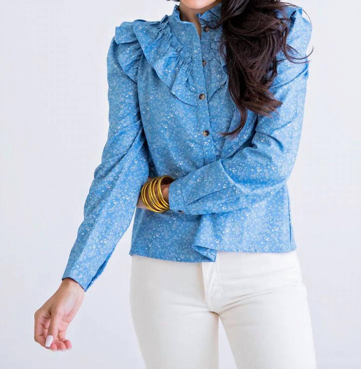 

Топ с цветочным рюшем из шамбре Karlie, цвет chambray