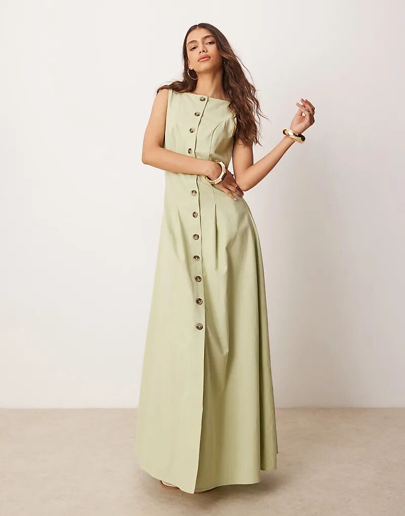 

Длинное платье-жилет с разрезом на пуговицах в цвете шалфея ASOS DESIGN