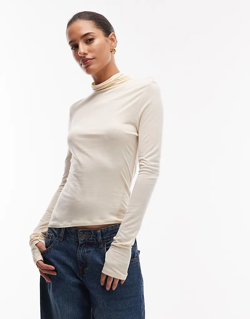 

Полупрозрачный лонгслив ASOS DESIGN с воротником-стойкой и длинными рукавами, облегающий фигуру, молочного цвета