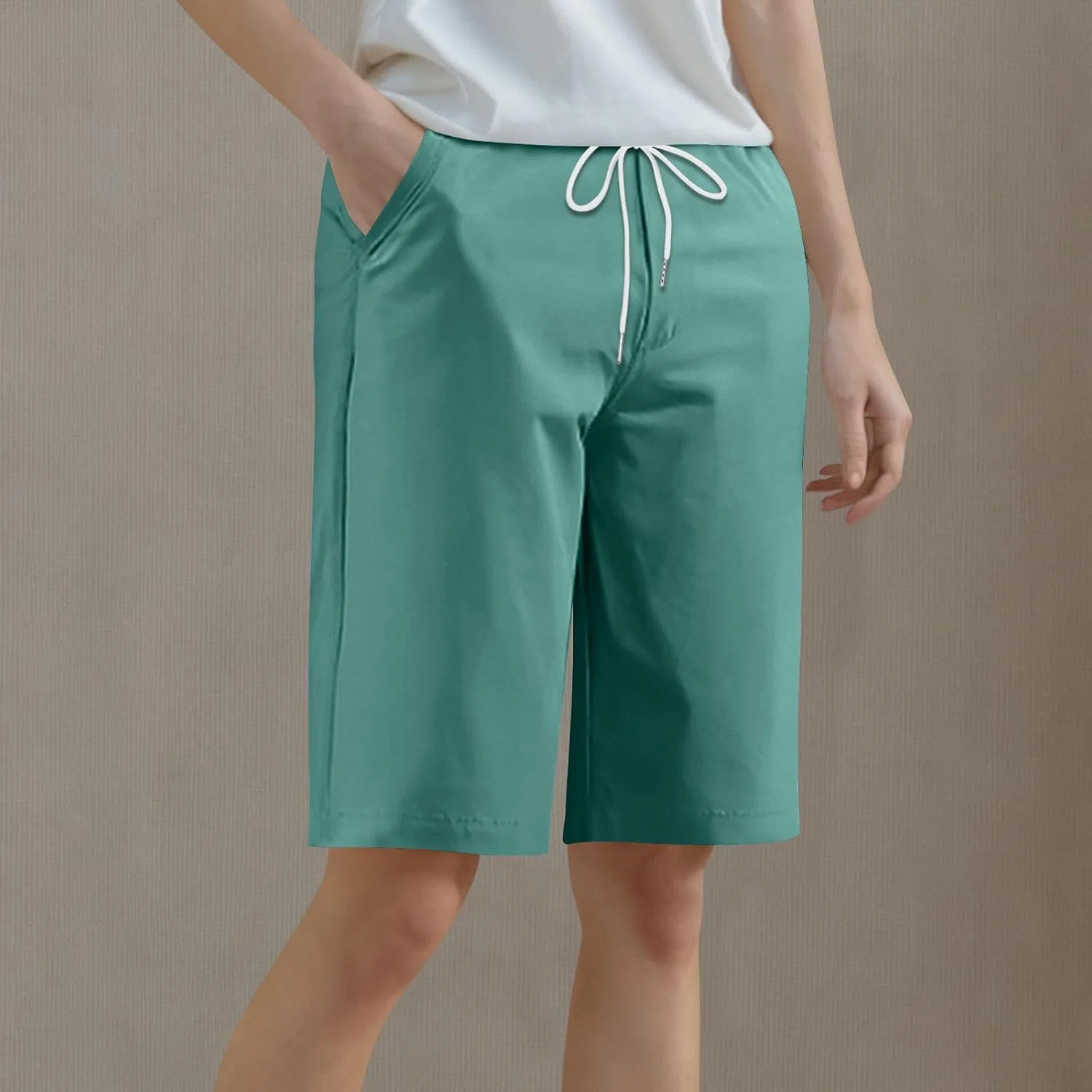 Шорты бермуды женские с эластичным поясом, на завязке, A03_green — фото 2