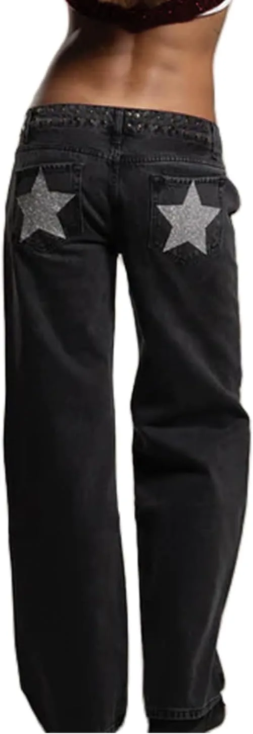 

Джинсы Mxiqqpltky Y2k с заклепками, низкая посадка, прямой крой