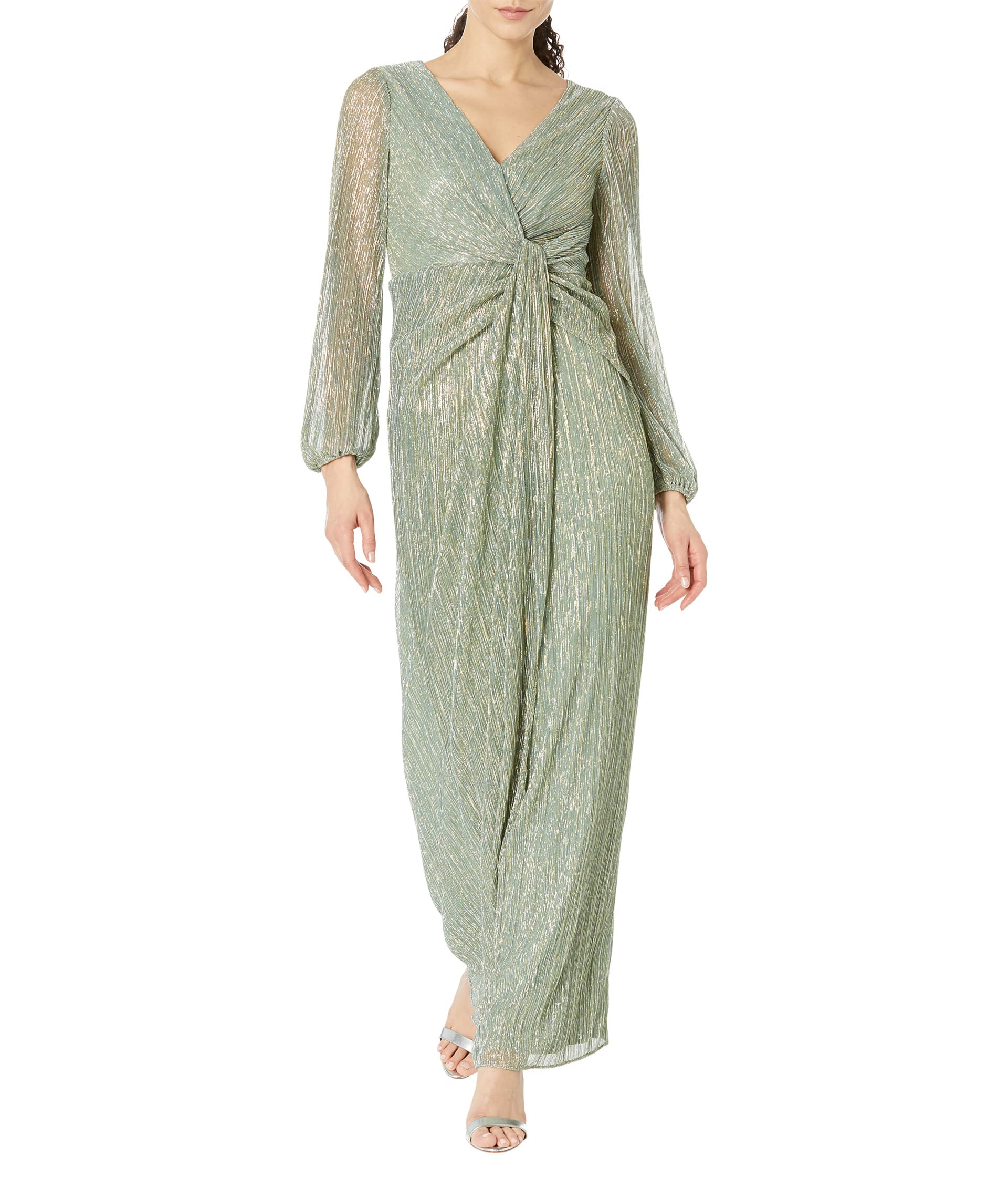 

Платье Adrianna Papell Long Sleeve Crinkle Metallic Gown With Draped Waist Detail, Green Slate