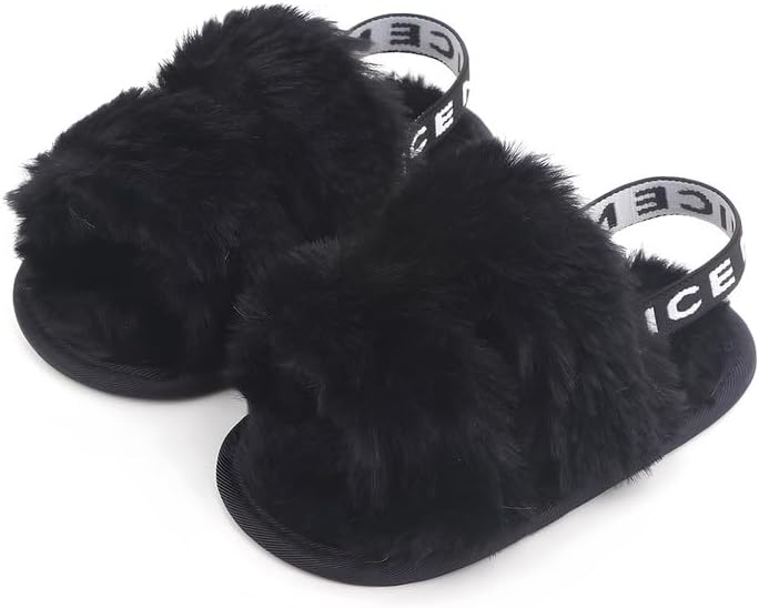 

Домашние тапочки QIETION для девочек, мягкие плюшевые, легкие, с нескользящей подошвой, с перекрестной лентой, открытым носком, удобные для дома и улицы, черный