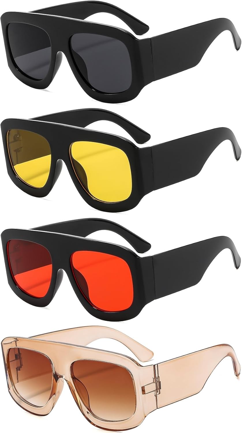 

4 пары модных больших квадратных солнцезащитных очков-авиаторов для женщин и мужчин, роскошные дизайнерские солнцезащитные очки в толстой оправе ISIUINN, Black+yellow+red+champagne