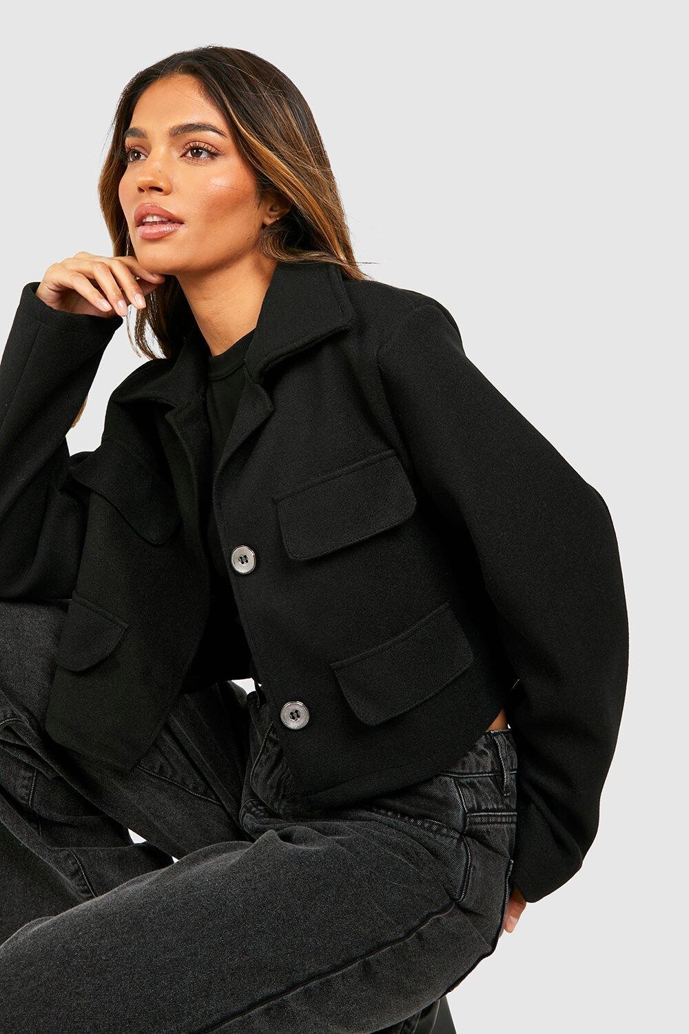 

Укороченная шерстяная куртка boohoo, черный
