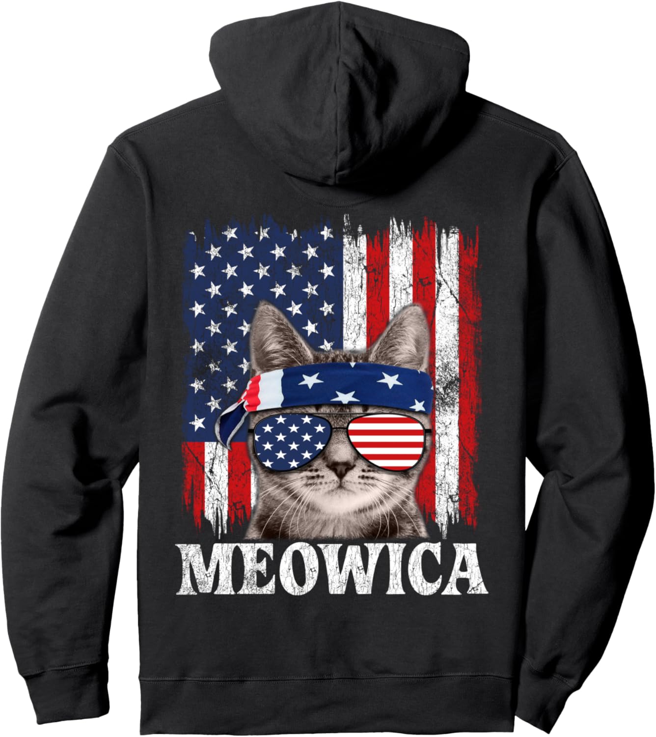 

Худи в винтажном стиле с изображением кошки Мяуика и американского флага ко Дню независимости 4 июля American Flag Patriotic And Memorial Design, черный