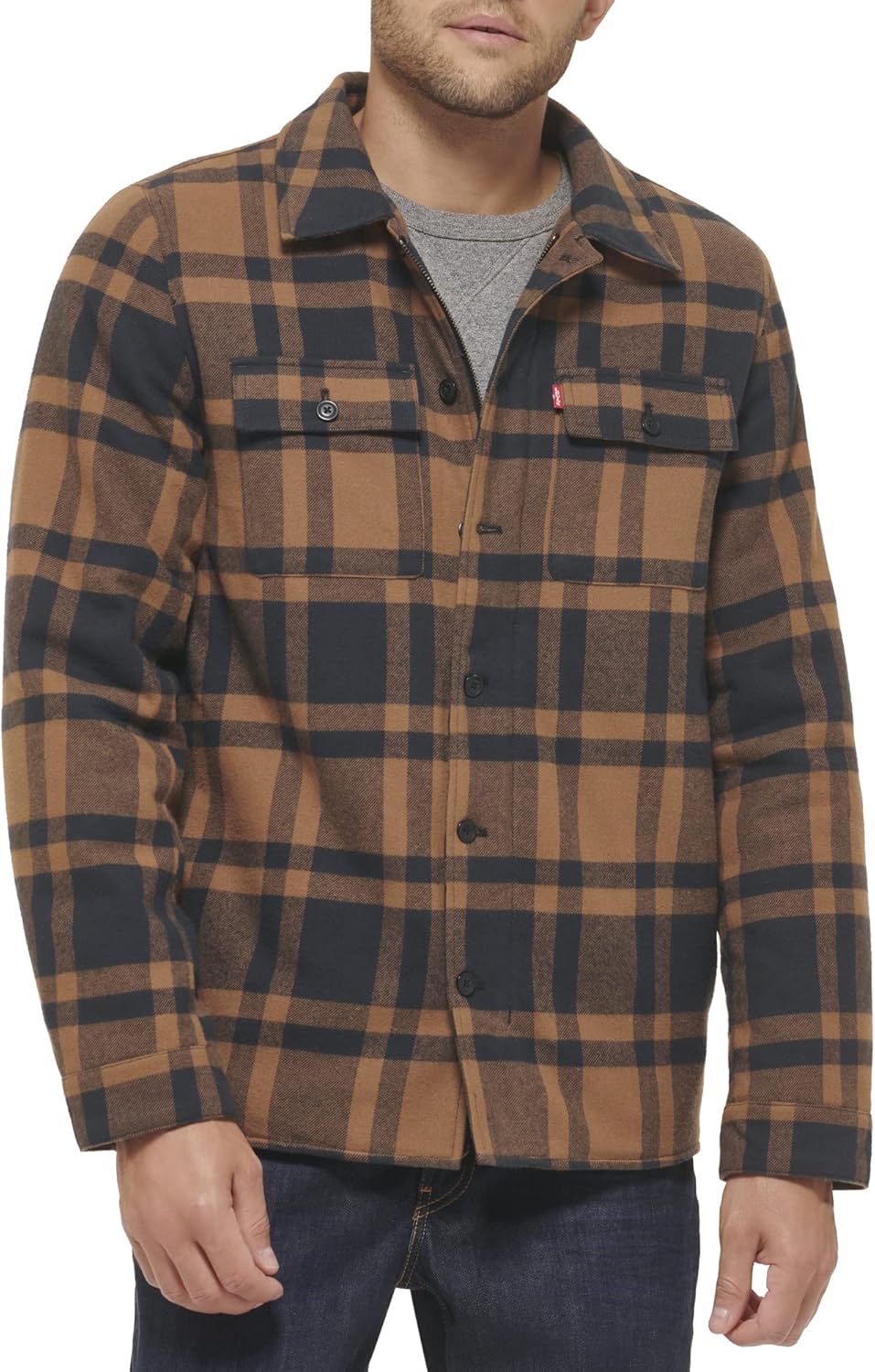 

Мужская клетчатая куртка-рубашка Levi's с капюшоном и подкладкой из шерпы (стандартные размеры, большие и высокие), Blue Buffalo Check