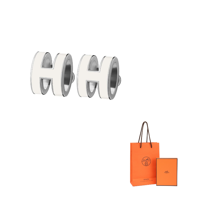 

HERMES Серьги-гвоздики POP H Collection с палладиевым покрытием и металлическими элементами, женские, белые, с серебряной инкрустацией