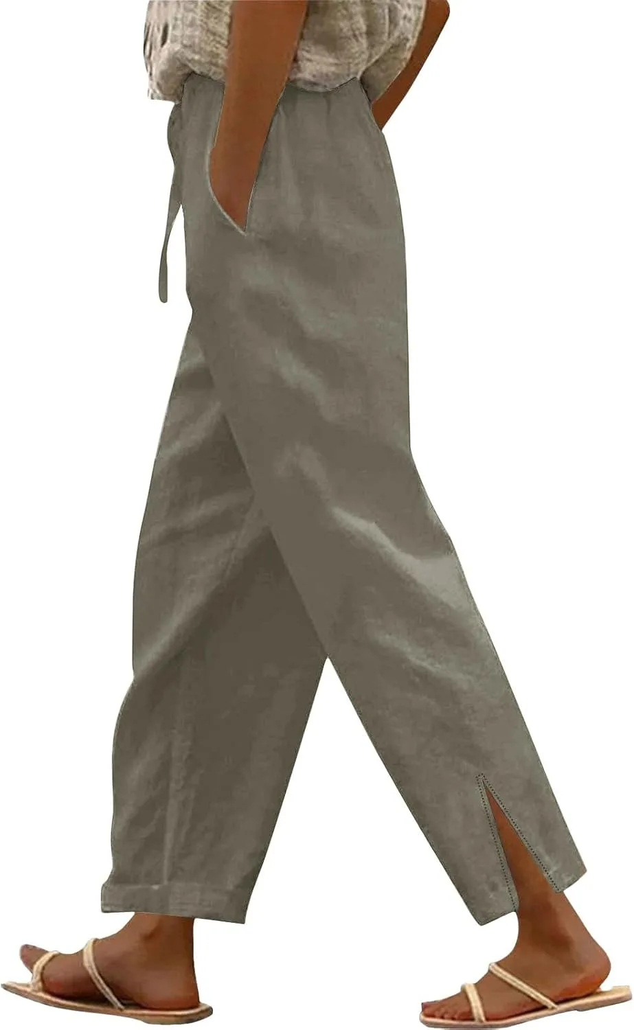 Льняные брюки Women 2026 Wide Leg с кулиской и эластичным поясом, гаучо, для отдыха, весна-лето, пляжный отпуск Generic, бежевый