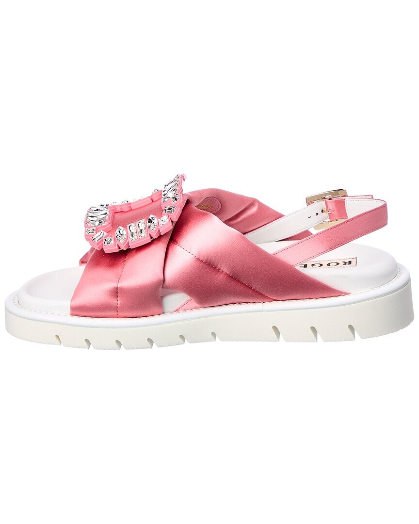 Roger Vivier Viv' Winter Атласные сандалии с пышной пряжкой и стразами, розовый — фото 3