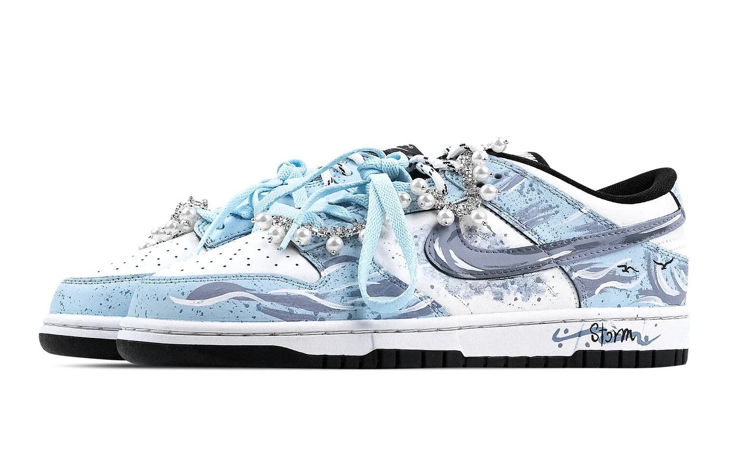 Nike Кроссовки для скейтбординга dunk pearl harbor 2 низкие, кожаные, нескользящие, устойчивые к истиранию, сине-белые, детские — фото 4