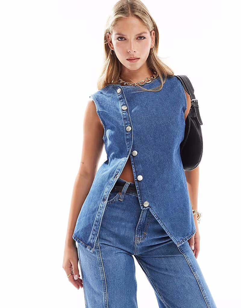 

Длинный асимметричный джинсовый жилет ASOS DESIGN средне-синего цвета