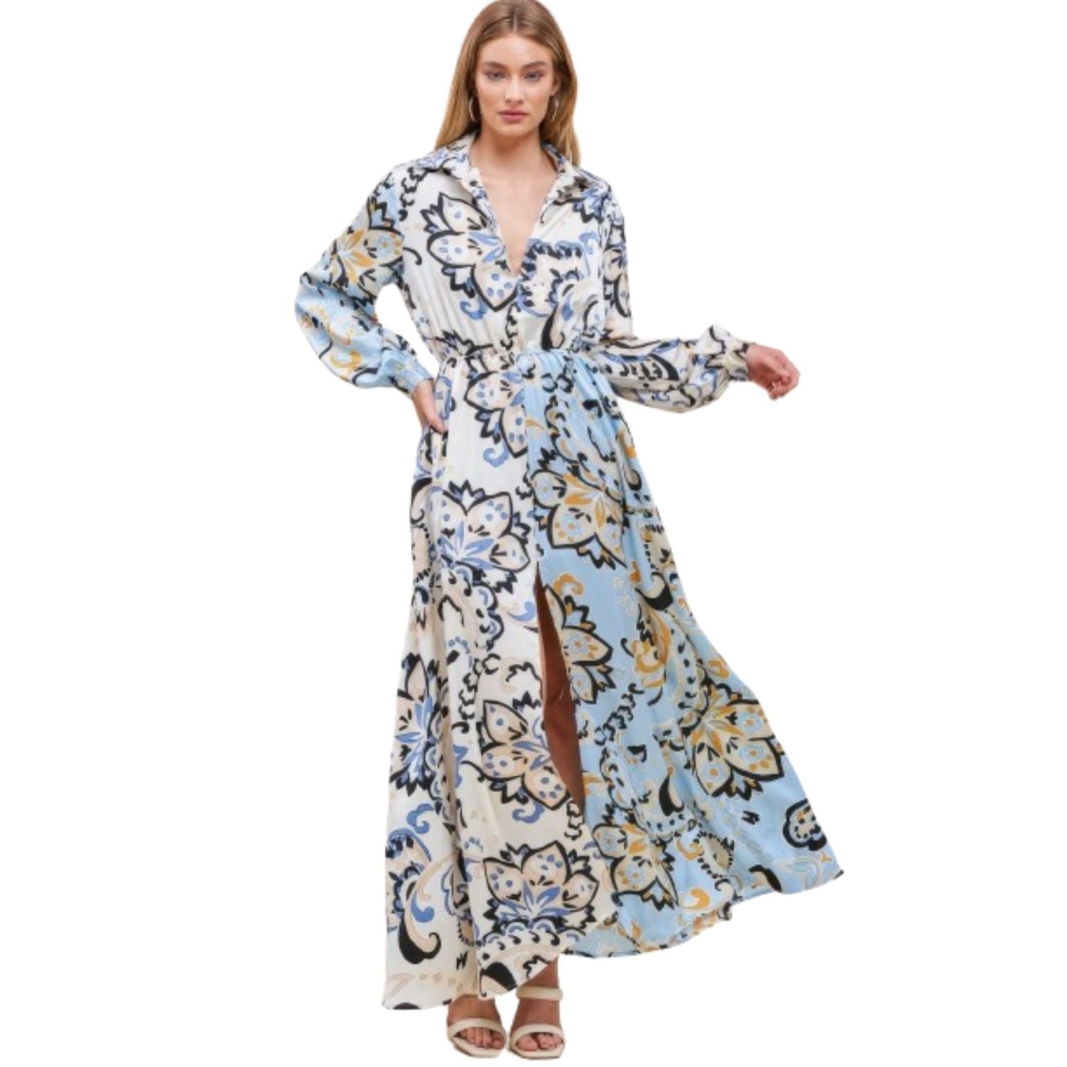 

Платье с цветным принтом и V-образным вырезом FASHNZFAB, синий/слоновая кость