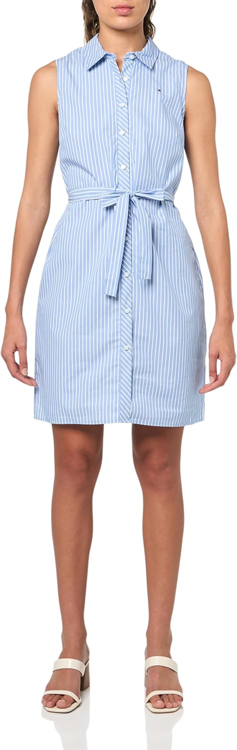 

Женское мини-платье-рубашка Tommy Hilfiger без рукавов с воротником, пуговицами спереди и завязкой на талии, French Blue/Bright White